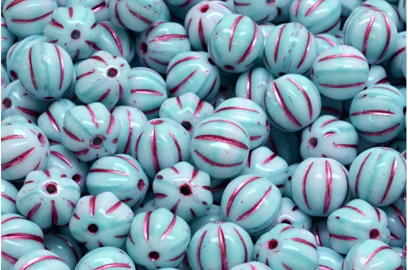 メロンビーズ、ライトグリーンピンクのライン入り(07524-54321)、ガラス、チェコ共和国