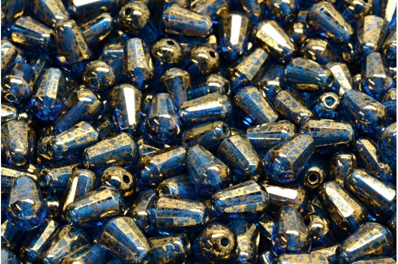 ファセット加工のファイアポリッシュ仕上げのティアドロップビーズ、透明アクアテラコッタバイオレット(60080-15496)、ガラス、チェコ共和国