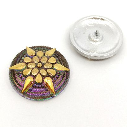 1 pcs Hand Painted Glass Buttons with ornament, size 16 (36 mm), Glass, Czech Republic