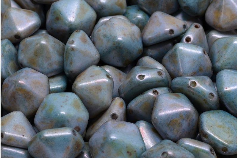 2-Hole Hexagon Pyramid Beads, White Matte Stain With Luster Blue (02010-84100-65431), Glass, Czech Republic