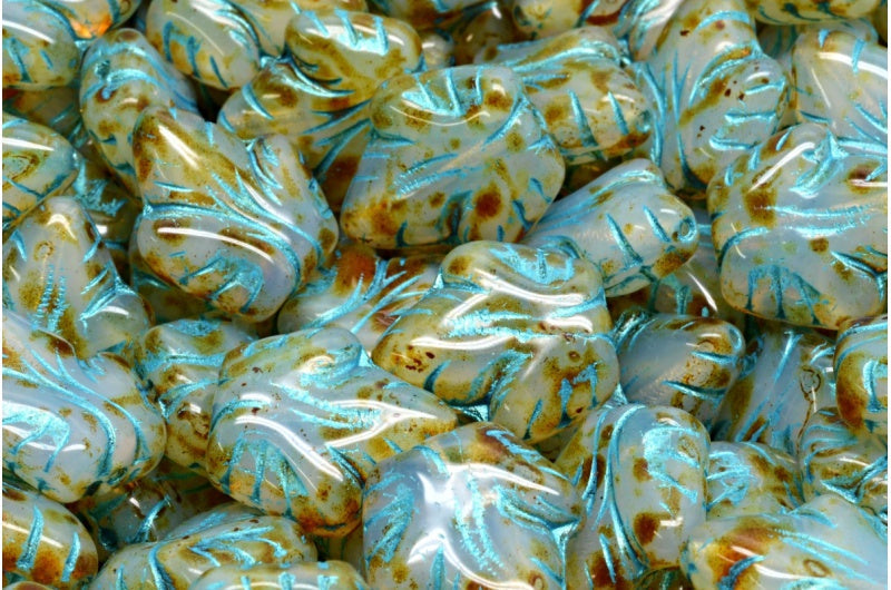 OUTLET 10 grams Grape Leaf Beads, 16 x 14 mm, Opal White Travertin Turquoise (01000-86800-43813), Glass, Czech Republic