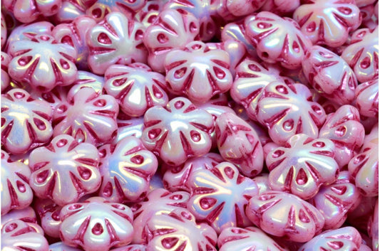 OUTLET 10 grams Folklore Flower Beads, 11 x 11 mm, White Ab Full (2X Side) Pink Lined (02010-28703-54321), Glass, Czech Republic