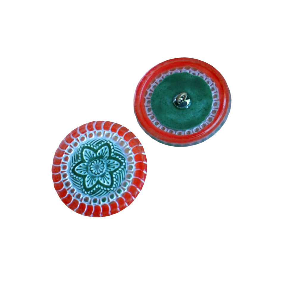 1 pcs Hand Painted Glass Buttons with ornament, size 14 (31.5 mm), Glass, Czech Republic