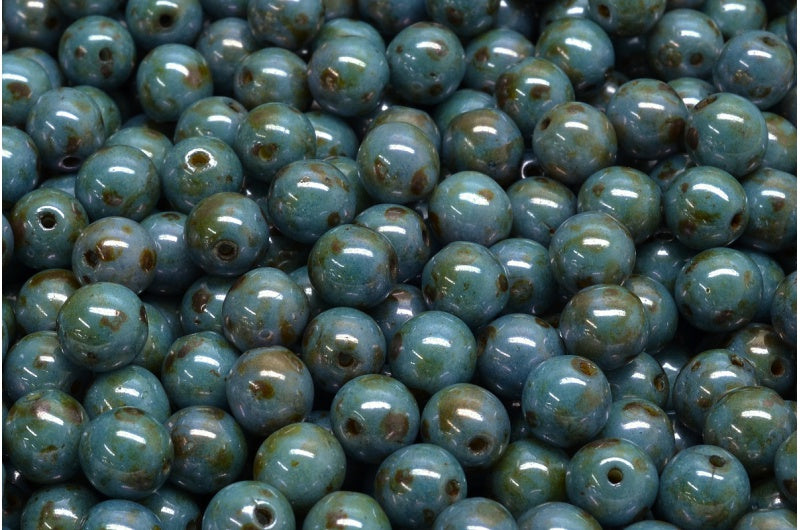 Round Druck Beads, White Stain With Luster Blue (02010-65431), Glass, Czech Republic