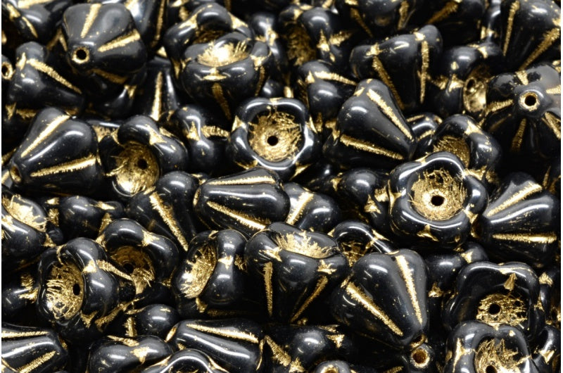 Bell Flower Beads, Black Gold Lined (23980-54302), Glass, Czech Republic