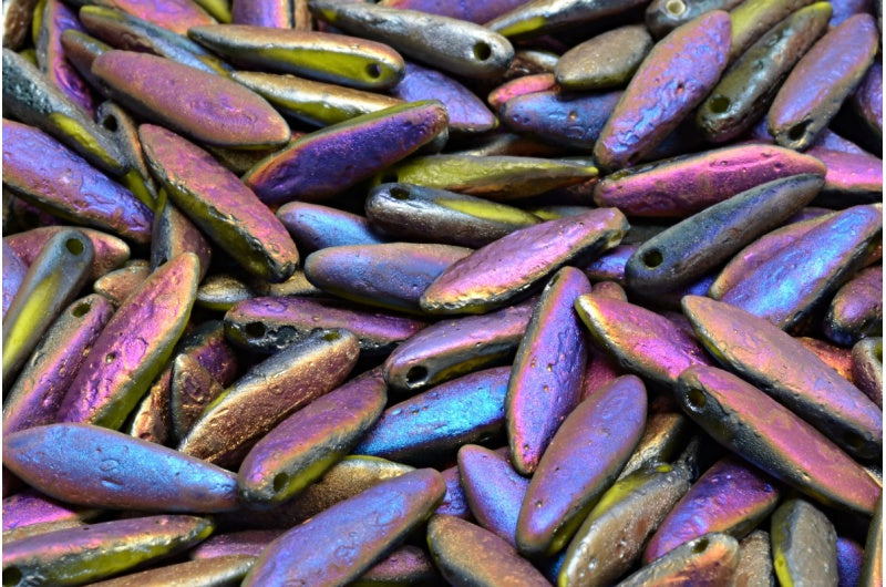 OUTLET 10克匕首珠,5 x 16毫米,不透明绿色蚀刻Sliperit全珠(双面)(53410-ETCH-29503),玻璃,捷克共和国