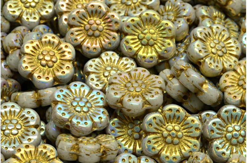OUTLET 10 grams Boho Flower Beads, 14 x 14 mm, White Ab Full (2X Side) Gold Lined (02010-28703-54202), Glass, Czech Republic