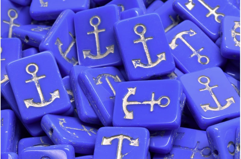 テーブルカット長方形ビーズ(アンカー付き)、不透明ブルー、シルバーライン入り(33050-54301)、ガラス、チェコ共和国