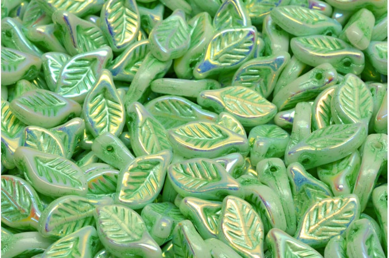 OUTLET 10 grams Bay Leaf Beads, 6 x 12 mm, White Ab Full (2X Side) Green Lined (02010-28703-54322), Glass, Czech Republic
