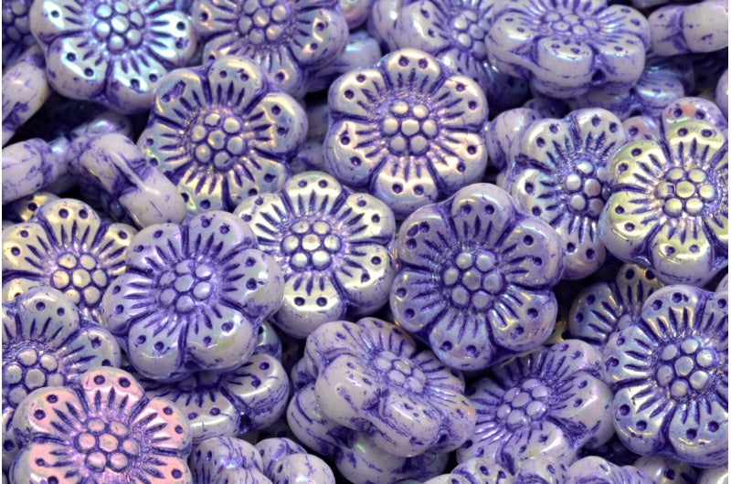 OUTLET 10 grams Boho Flower Beads, 14 x 14 mm, White Ab Full (2X Side) 43810 (02010-28703-43810), Glass, Czech Republic