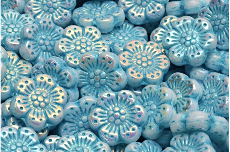 OUTLET 10 grams Boho Flower Beads, 14 x 14 mm, White Ab Full (2X Side) Light Blue Lined (02010-28703-43811), Glass, Czech Republic
