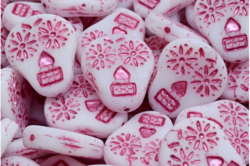 OUTLET 10 grams Sugar Skull Beads, White Pink Lined Matte (02010-54321-84100), Glass, Czech Republic