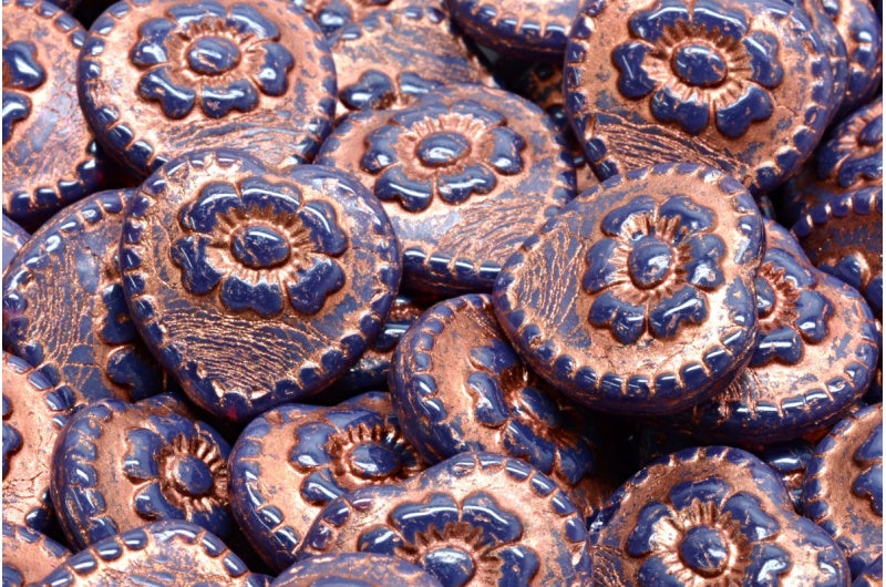 アウトレット 10グラム ハートビーズ ローズ付き、17 x 17 mm、オパールダークラベンダー銅線入り (21010-54319)、ガラス、チェコ共和国