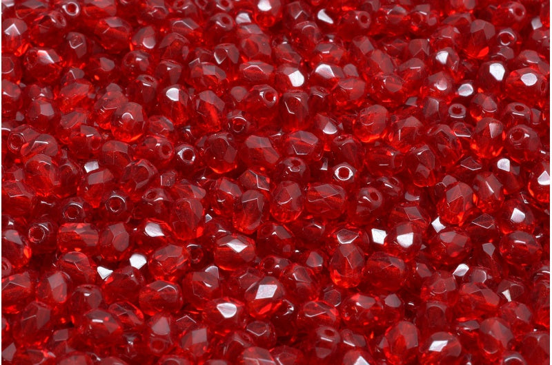 Faceted Round Fire Polished Beads, Transparent Red (90090), Glass, Czech Republic