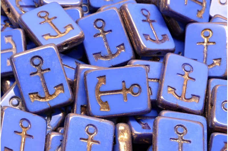 テーブルカット長方形ビーズ(アンカー付き)、不透明ブルー真鍮(33050-90215)、ガラス、チェコ共和国