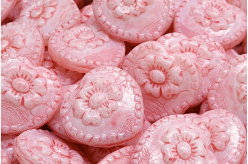 Heart Beads With Rose, White Light Pink (02010-34304), Glass, Czech Republic