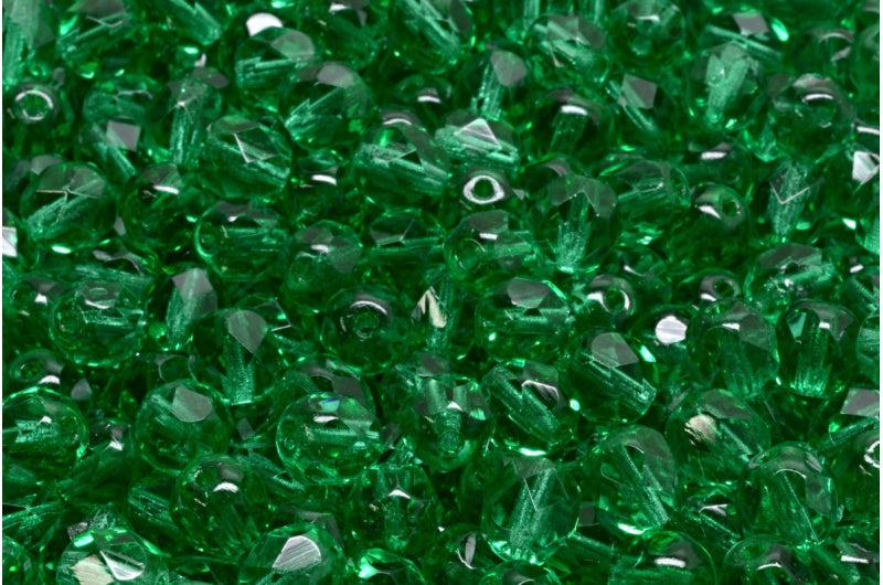 Fire Polished Faceted Beads Round, Transparent Green Emerald (50650), Bohemia Crystal Glass, Czech Republic