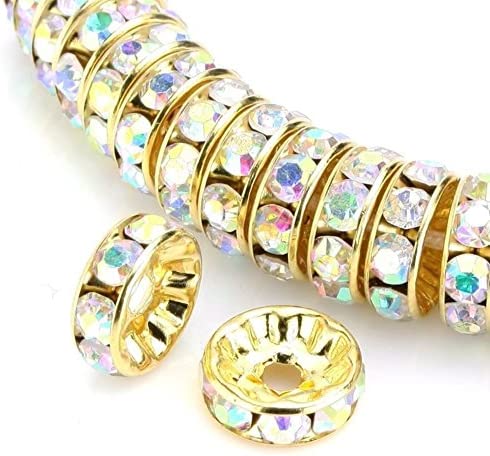 6 pcs Metal Gold Rondelle with Crystals, 8 mm