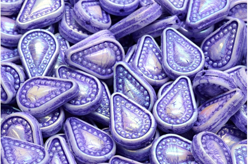 Filigree Teardrop Beads, White Ab Full (2X Side) 43810 (02010-28703-43810), Glass, Czech Republic