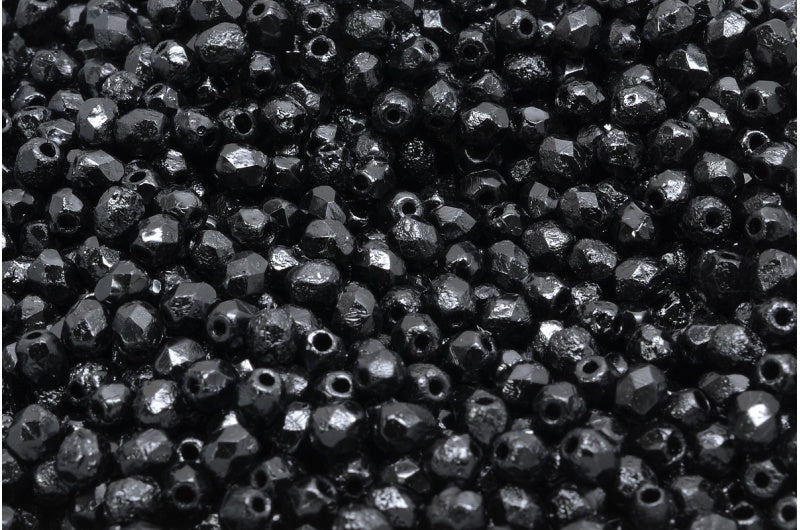 ファセット加工ラウンドビーズ、ブラックエッチング(23980-LEPT)、ボヘミアクリスタルガラス、チェコ共和国