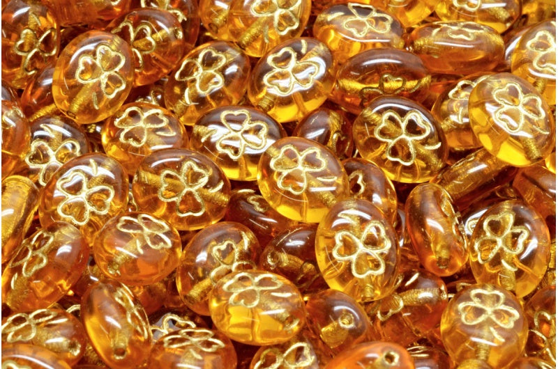 シャムロックオーバルビーズ、透明オレンジゴールドライン(10060-54302)、ガラス、チェコ共和国