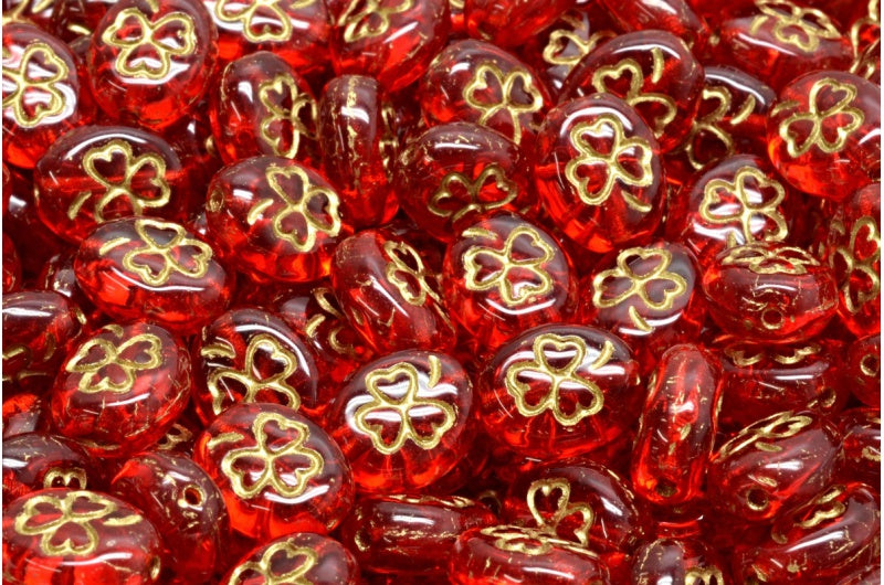 シャムロックオーバルビーズ、ライトサイアムゴールドライン(90070-54302)、ガラス、チェコ共和国