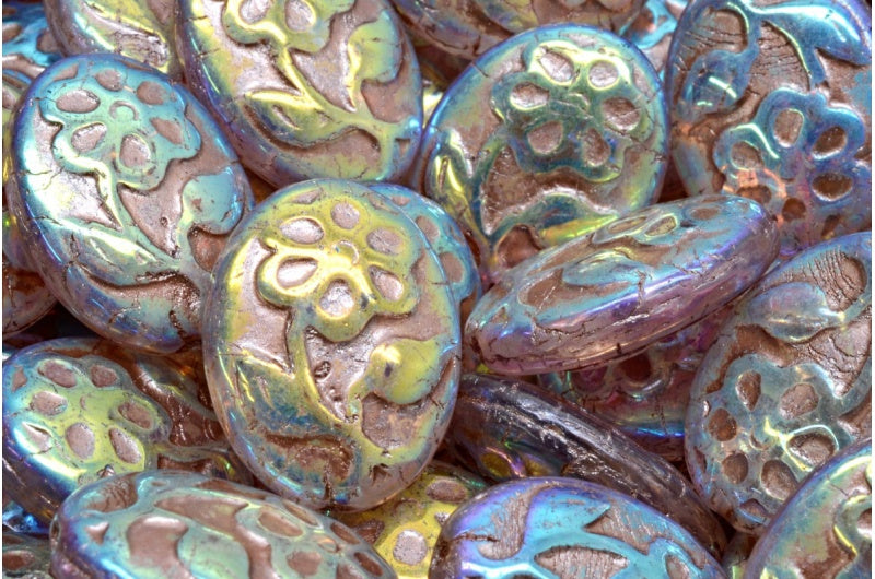 アウトレット 10グラム オーバルフラワービーズ付き、21 x 16 mm、クリスタルアブフル(2Xサイド)銅裏地(00030-28703-54324)、ガラス、チェコ共和国