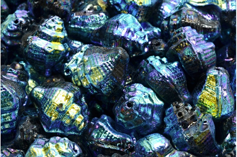 ミュレックスシェルビーズ、ブラックアブフル(2Xサイド)(23980-28703)、ガラス、チェコ共和国