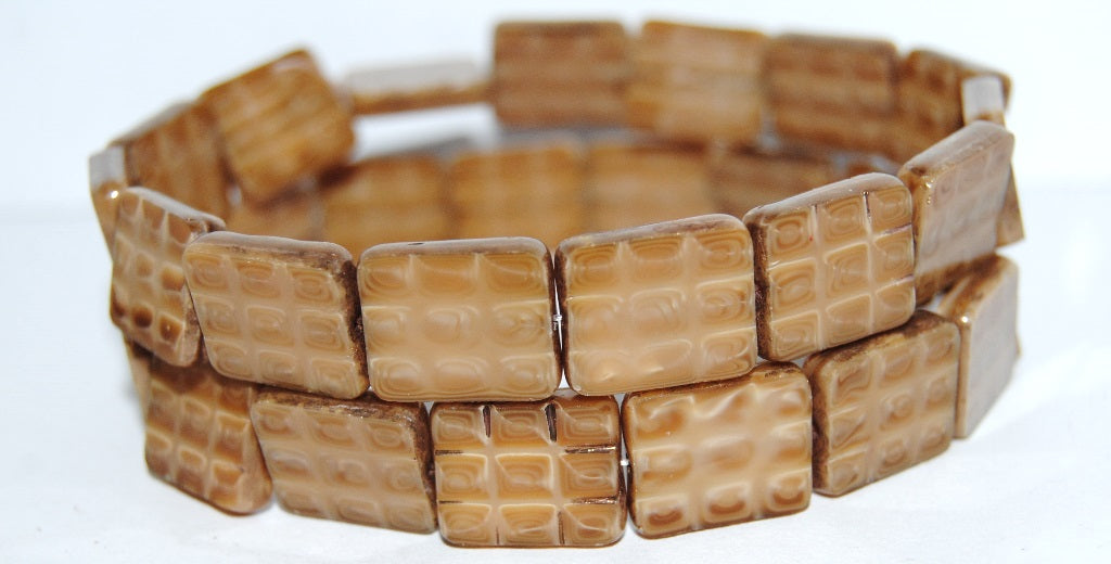 Table Cut Rectangle Beads With Grating, 1513 Silk Beige Picasso (1513-14010-43400), Glass, Czech Republic ~ STRANDED