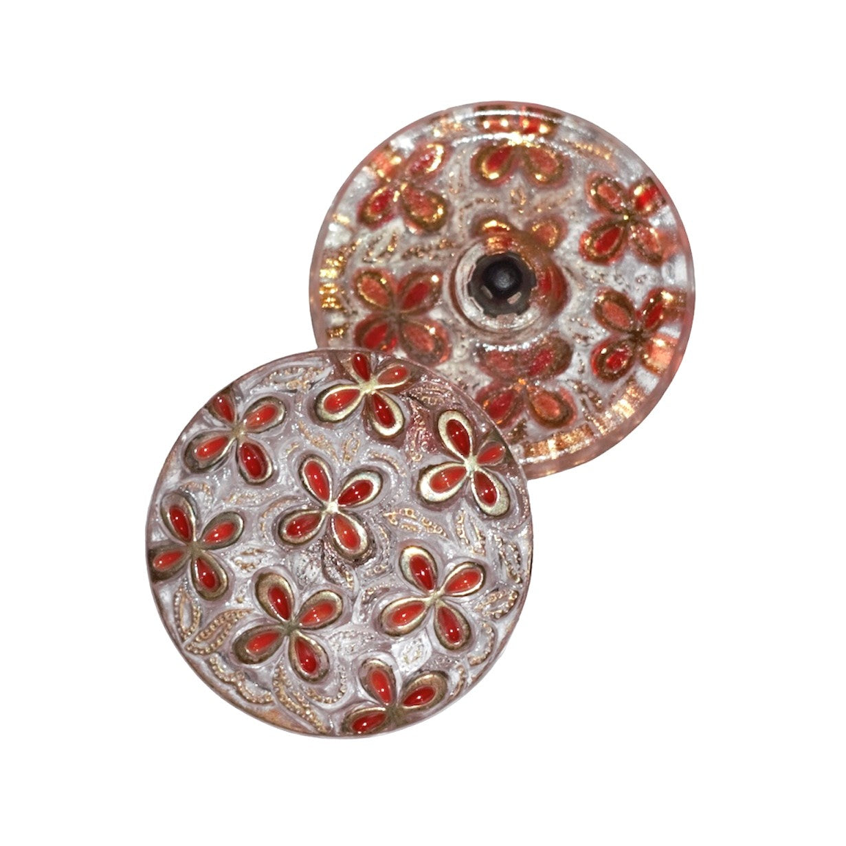 1個 ハンドペイントガラスボタン(飾り付き)、サイズ14(31.5 mm)、ガラス、チェコ共和国