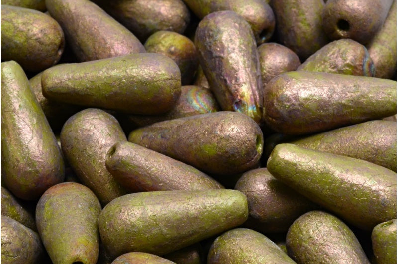 奥特莱斯 10克水滴珠,绿色蚀刻紫色(53420-etch-15726),玻璃,捷克共和国