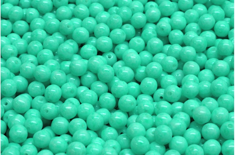 ラウンドドラックビーズ、ホワイトオパールライトターコイズ(02020-34309)、ガラス、チェコ共和国