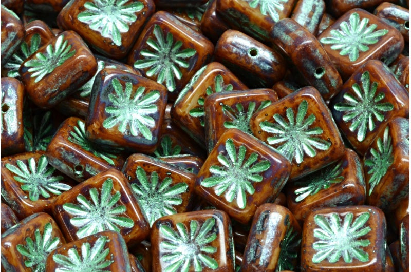 OUTLET 10 grams Squared Kiwi Beads, 10 x 10 mm, Beige Travertin Green (13020-86800-43813), Glass, Czech Republic