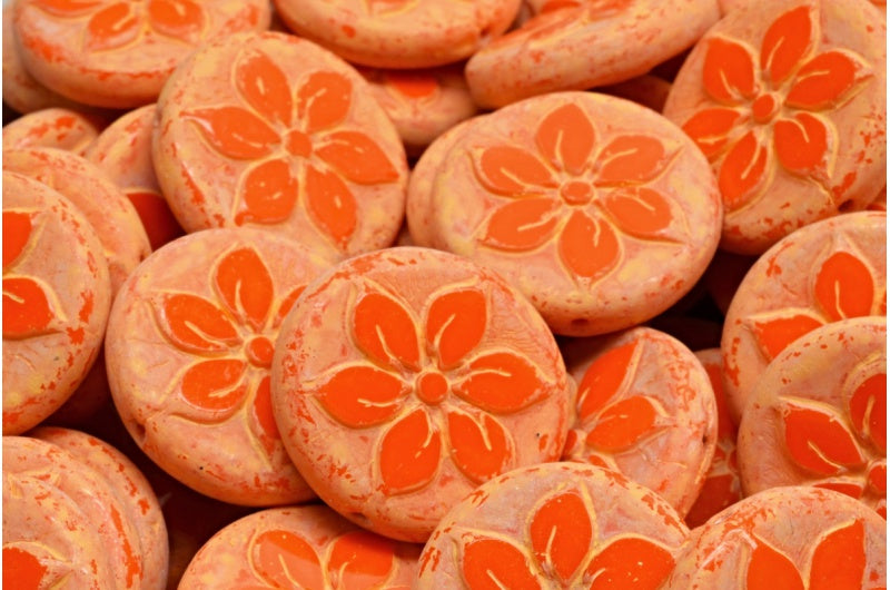 OUTLET 10 grams Table Cut Coin Flower Beads, Opaque Yellow Light Orange (93120-84302), Glass, Czech Republic