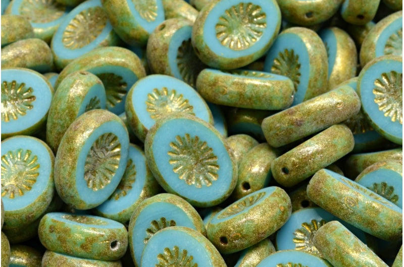 テーブルカットキウイビーズ、オパールアクアトラバーチンライトイエロー(61400-86800-34302)、ガラス、チェコ共和国