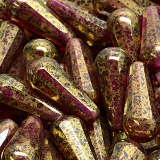 Faceted Fire Polished Teardrop Beads, Transparent Red Terracotta Violet (70350-15496), Glass, Czech Republic