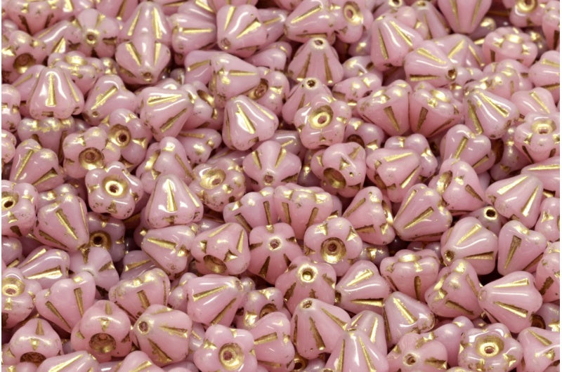 Bell Flower Beads, Opal Pink Gold Lined (71400-54302), Glass, Czech Republic