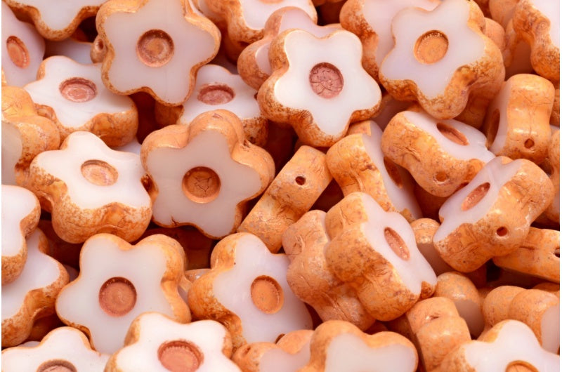 アウトレット 10グラム テーブルカット 5枚の花びら シンプルフラワービーズ ドット付き 13 x 13 mm ホワイト 4310 (02010-04310) ガラス チェコ共和国