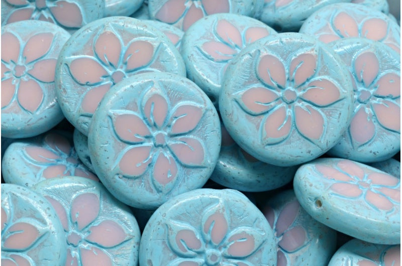 OUTLET 10 grams Table Cut Coin Flower Beads, 18 x 18 mm, Opal Pink 4308 (71111-04308), Glass, Czech Republic