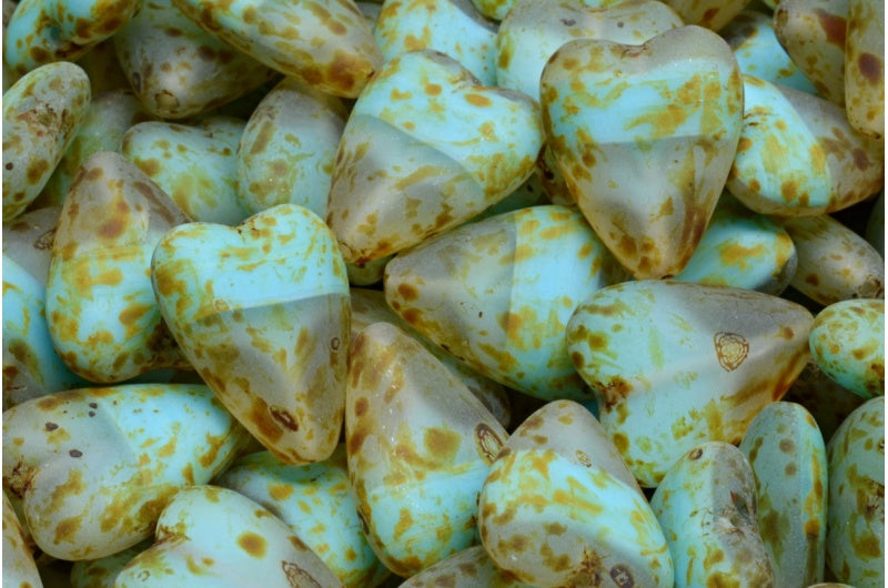 細長いハートビーズ、ブルートラバーチンマット(R0641-86800-84100)、ガラス、チェコ共和国