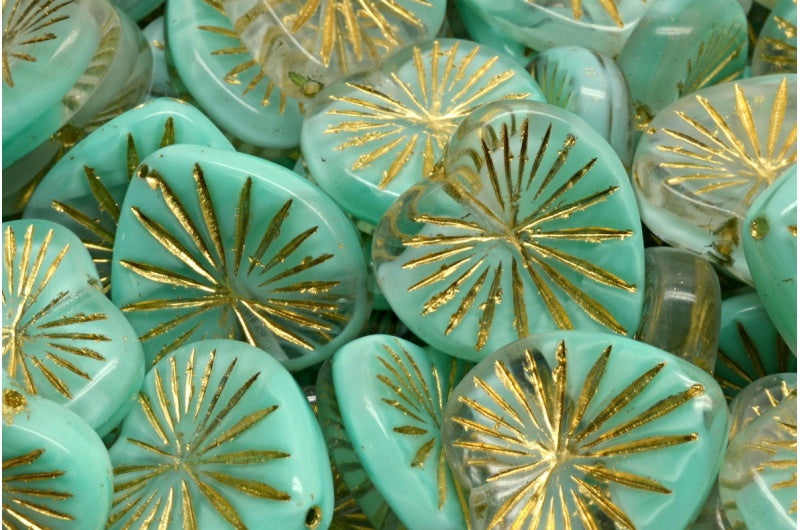 アウトレット 10グラム キウイハートビーズ、18 x 18 mm、ティールゴールドライン(56218-54302)、ガラス、チェコ共和国