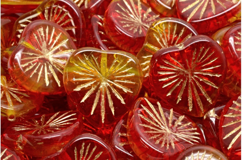 アウトレット 10グラム キウイハートビーズ、18 x 18 mm、ルビーレッド透明イエローゴールドライニング(90080-80020-54302)、ガラス、チェコ共和国