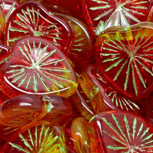 アウトレット 10グラム キウイハートビーズ、18 x 18 mm、ルビーレッド透明イエローグリーン(90080-80020-43813)、ガラス、チェコ共和国