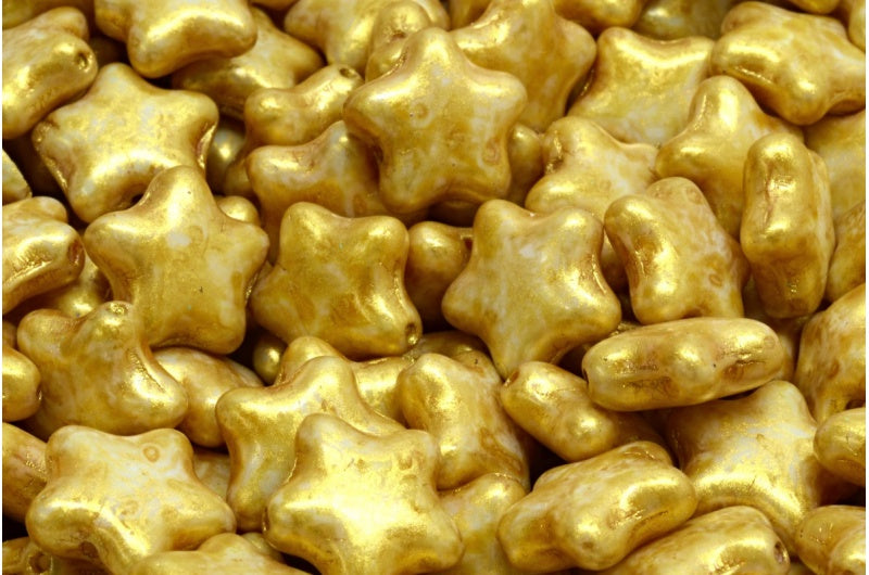 Flat Star Beads, White Gold Luster Spotted (02010-65322), Glass, Czech Republic