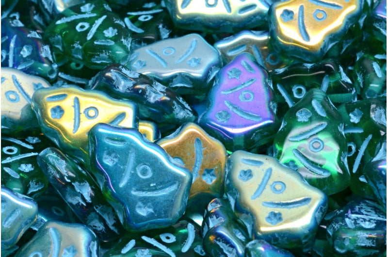 アウトレット 10グラム クリスマスツリービーズ、17 x 12 mm、透明グリーンエメラルドABライトブルーライン(50720-28701-54308)、ガラス、チェコ共和国