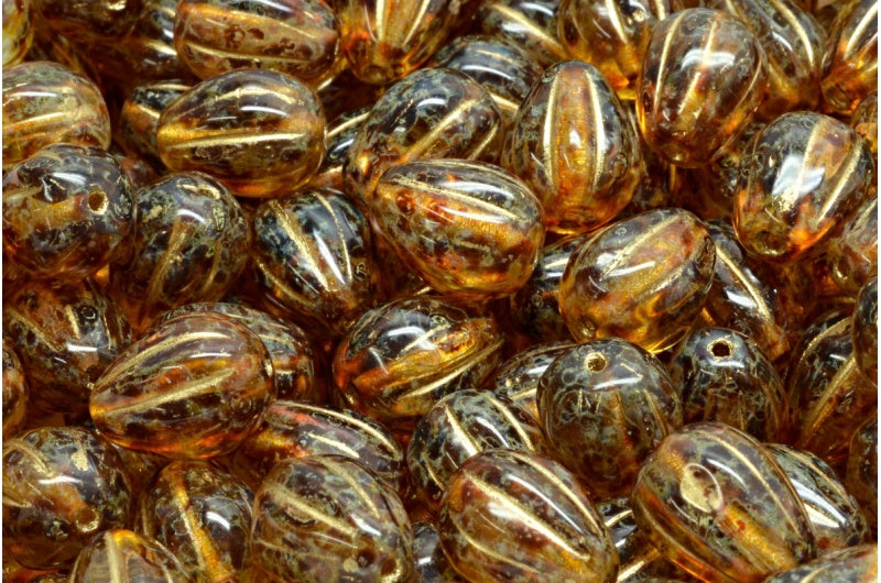 ドロップメロンビーズ、クリスタルトラバーチンゴールドライン(00030-86800-54302)、ガラス、チェコ共和国