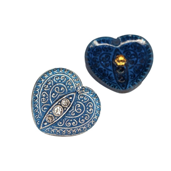 1個 ハンドペイントガラスボタン ハート 飾り付き、サイズ18 (33x33 mm)、ガラス、チェコ共和国