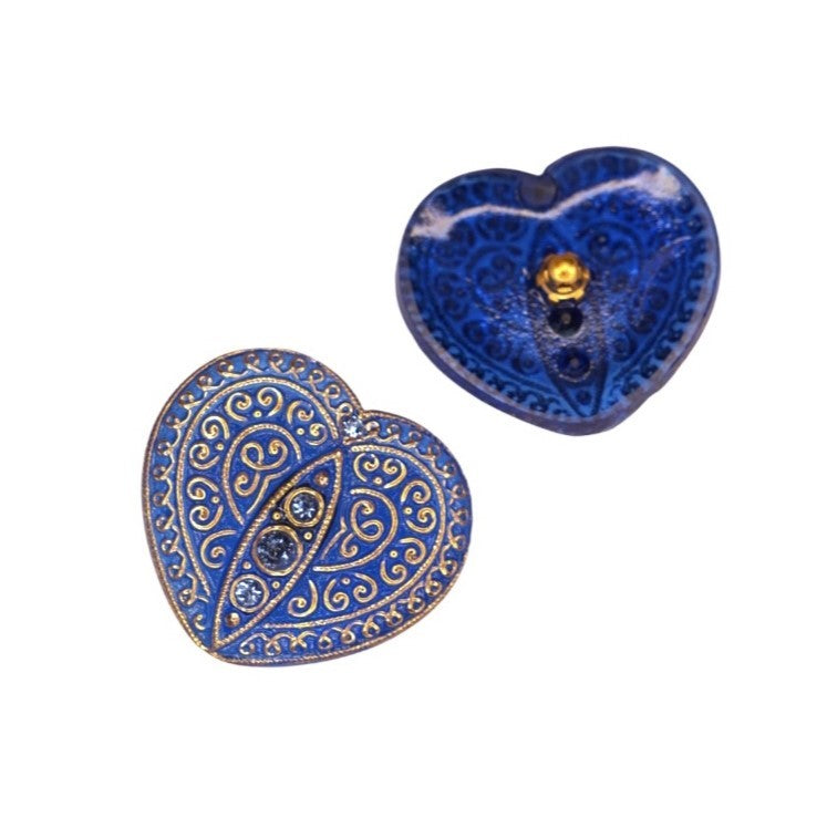 1個 ハンドペイントガラスボタン ハート 飾り付き、サイズ18 (33x33 mm)、ガラス、チェコ共和国