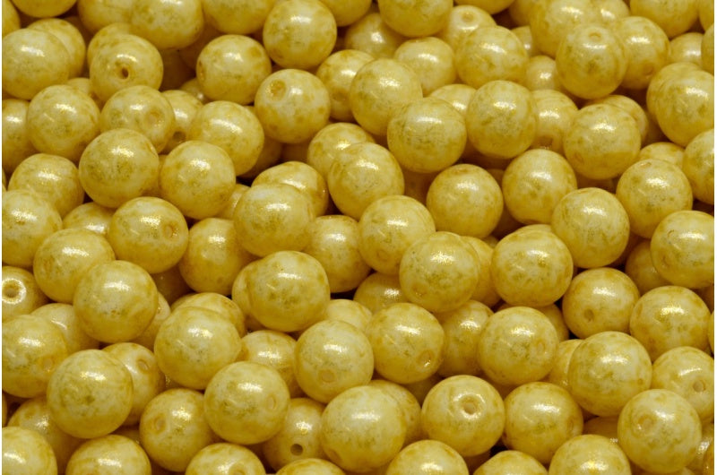 ラウンドドラックビーズ、ホワイトオパールライトイエロー(02020-34302)、ガラス、チェコ共和国