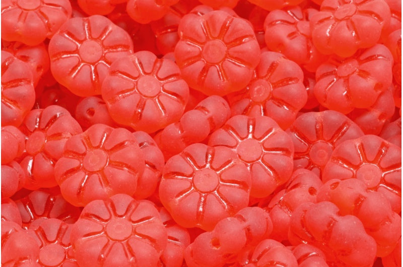 Asterisk Flower Beads, Transparent Red Matte (90050-84100), Glass, Czech Republic